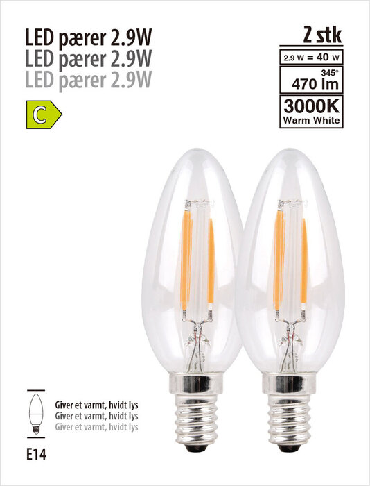 LED-pærer kerte 2,9 W E14 - 2 pk.